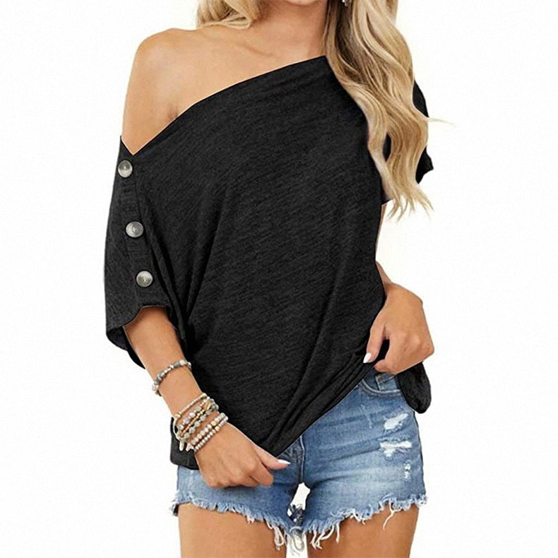 One-word Strapless Button Short Sleeves