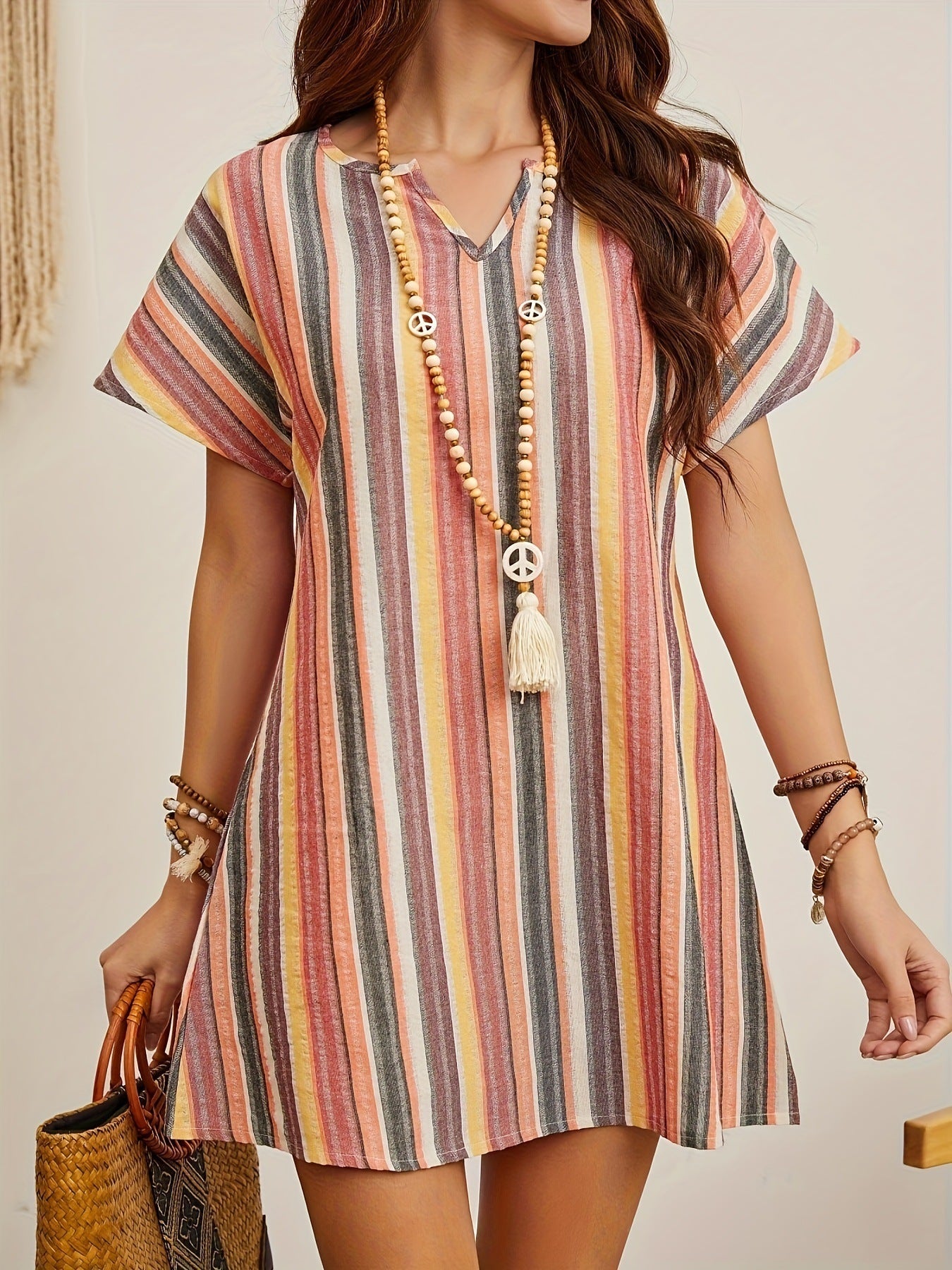 Fashion Color Striped V-neck Casual Short Sleeve Dress