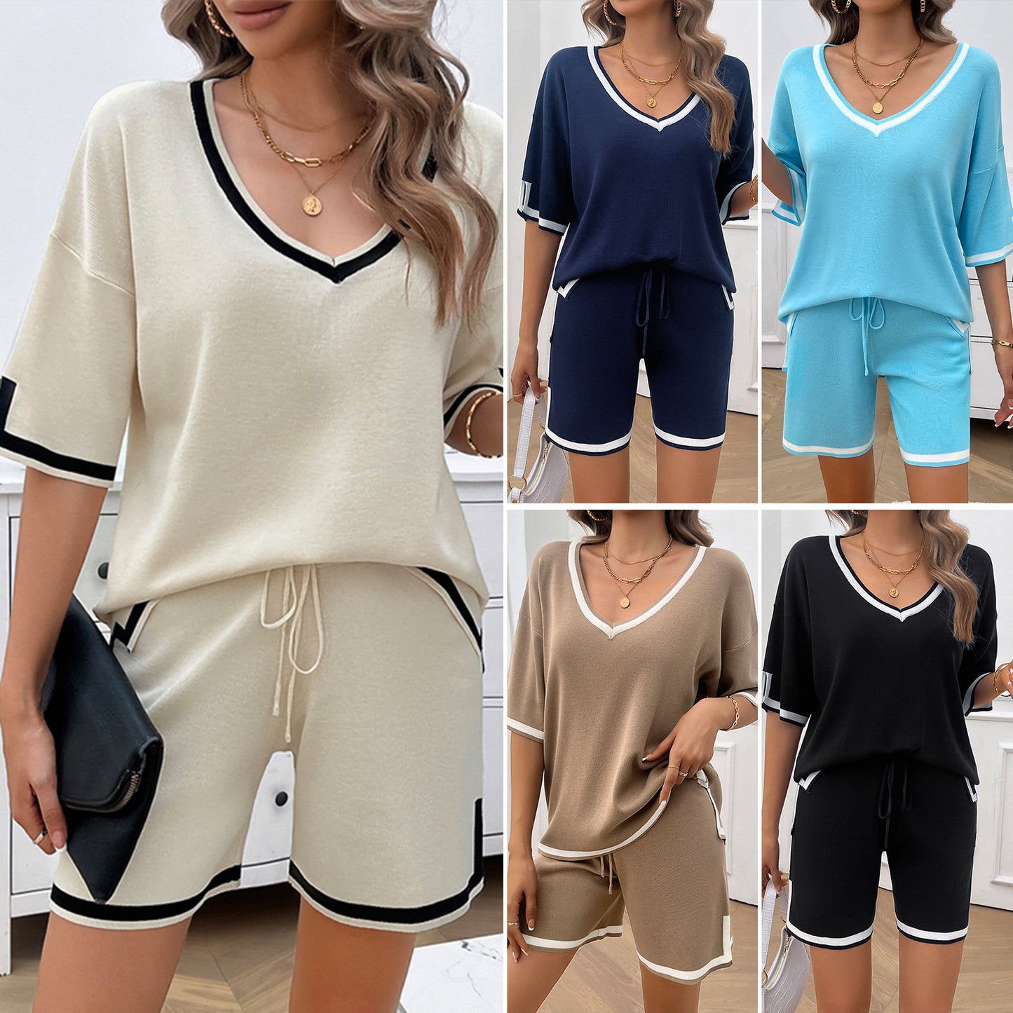 Spring And Summer Women's Clothing Leisure Loose V-neck Sweater Suit