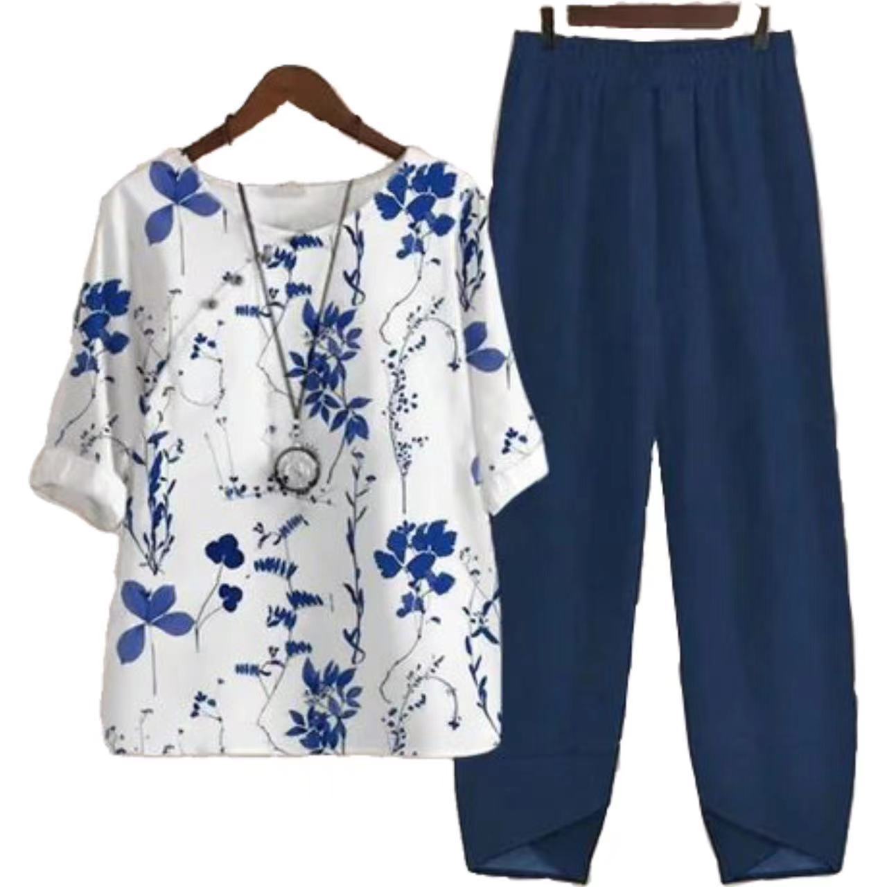 Casual Round Neck Half Sleeve Digital Printing Top Two-piece Set