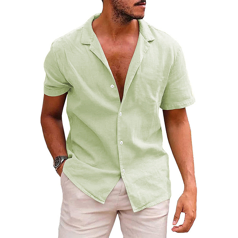 Summer Lapels Solid Color Short Sleeve Men's Cotton And Linen Shirt