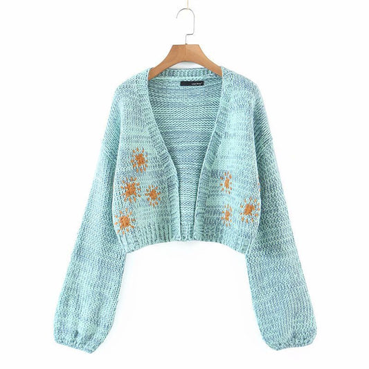 Fashion Teal and tiny flower mid cardigan