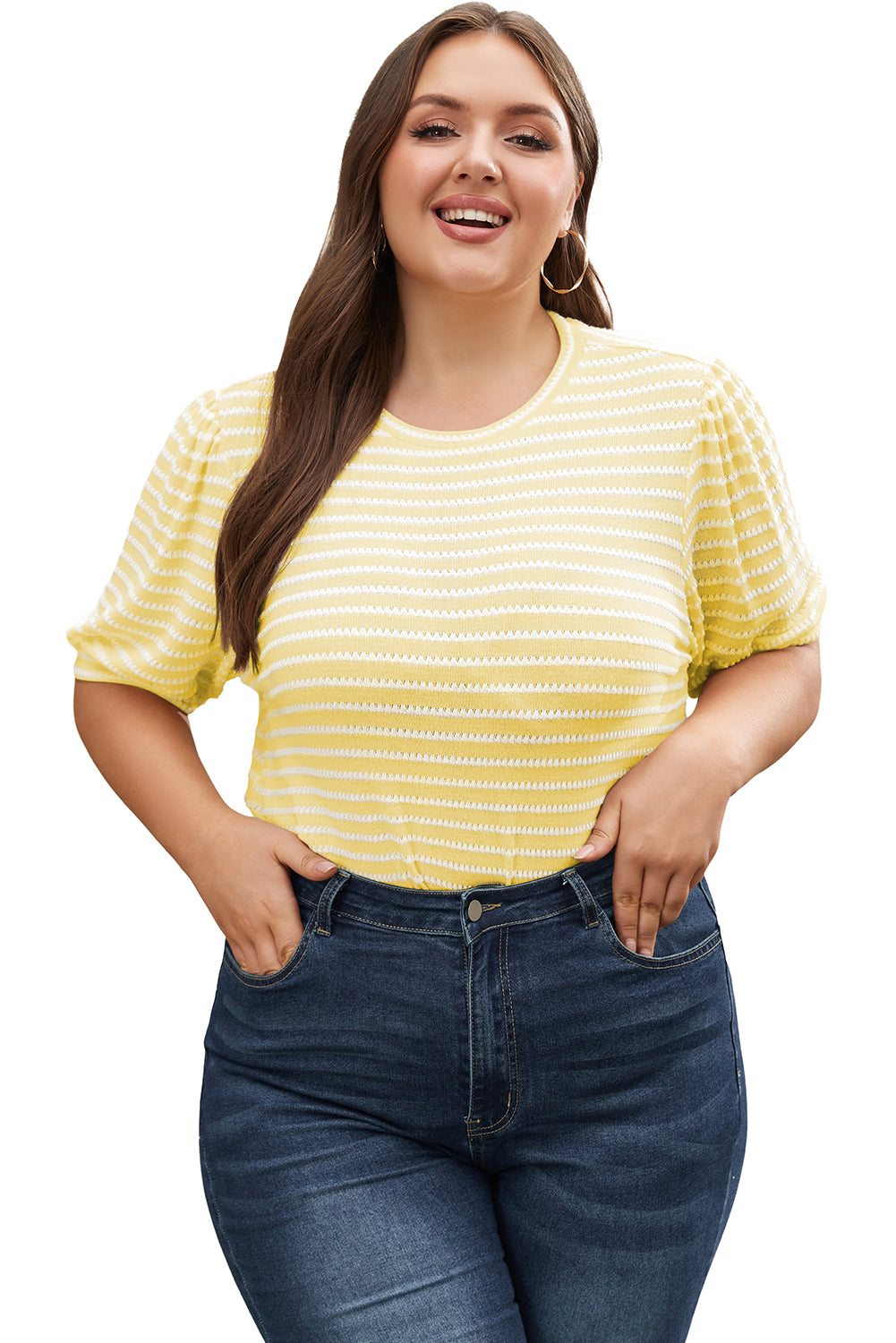 Yellow Stripe Short Puff Sleeve Plus Size Jumper