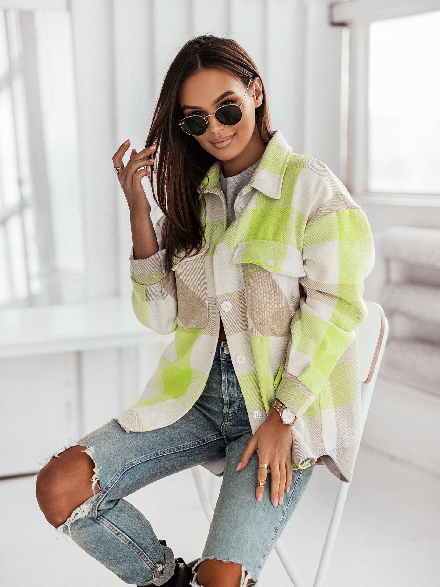 Women's Fashionable Color Plaid Sweater Jacket