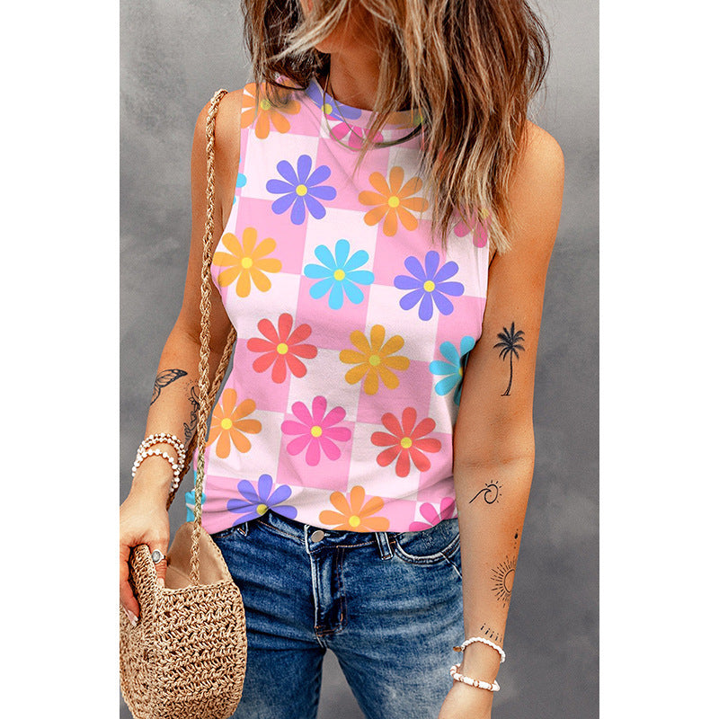 European And American Spring And Summer Thin Sweet Floral Printed Vest Round Neck Pullover