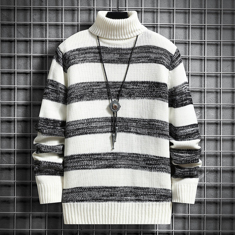 High-neck Men's Autumn And Winter Long-sleeved Trendy Slim Striped Sweater