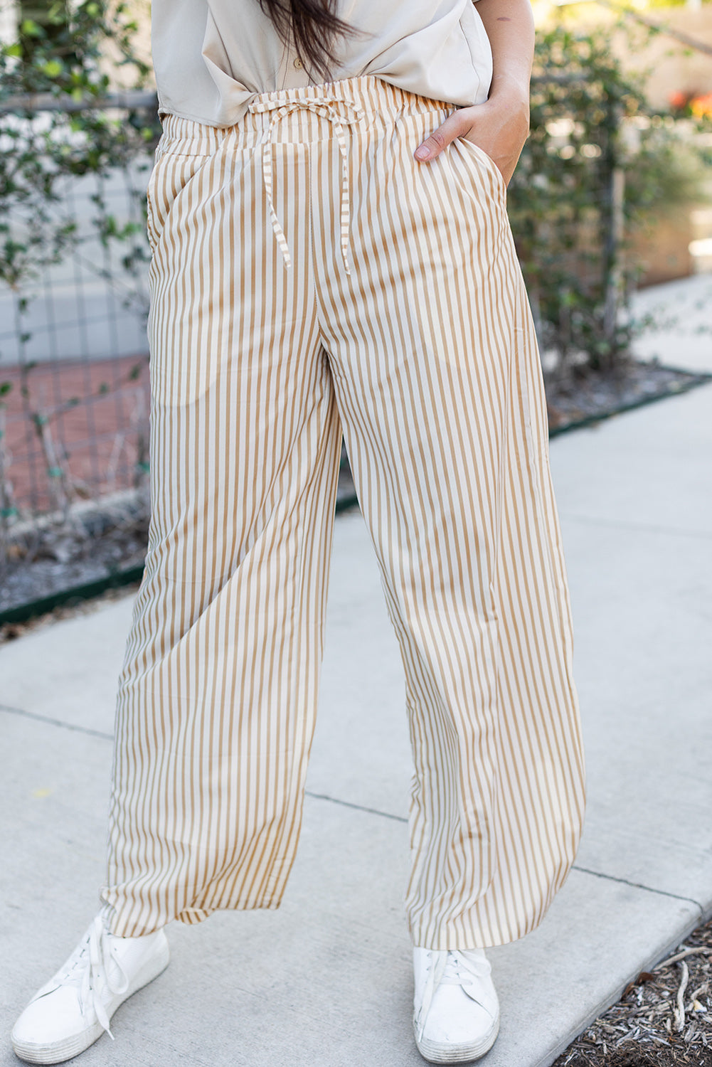 Khaki Stripe Print Wide Leg Drawstring Pants