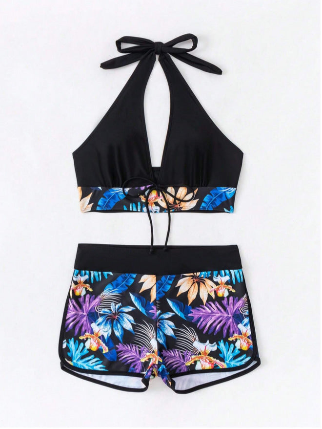 European And American Split Printed Swimsuit Halter Sexy Boxer