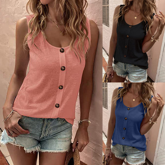 Women's Casual Sleeveless Button Round Neck Vest