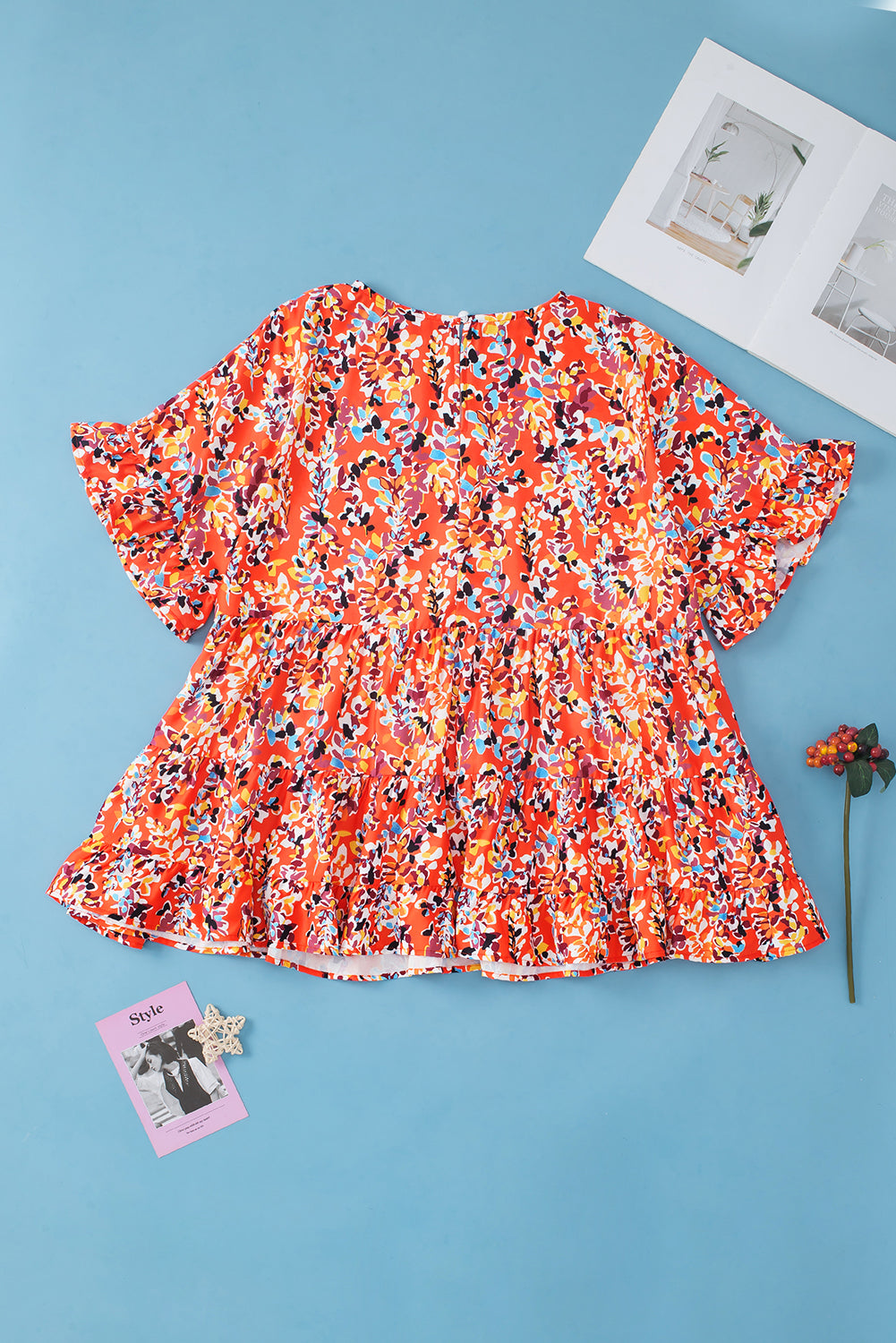 Orange Floral Printed Ruffle Sleeve Curvy Babydoll Blouse