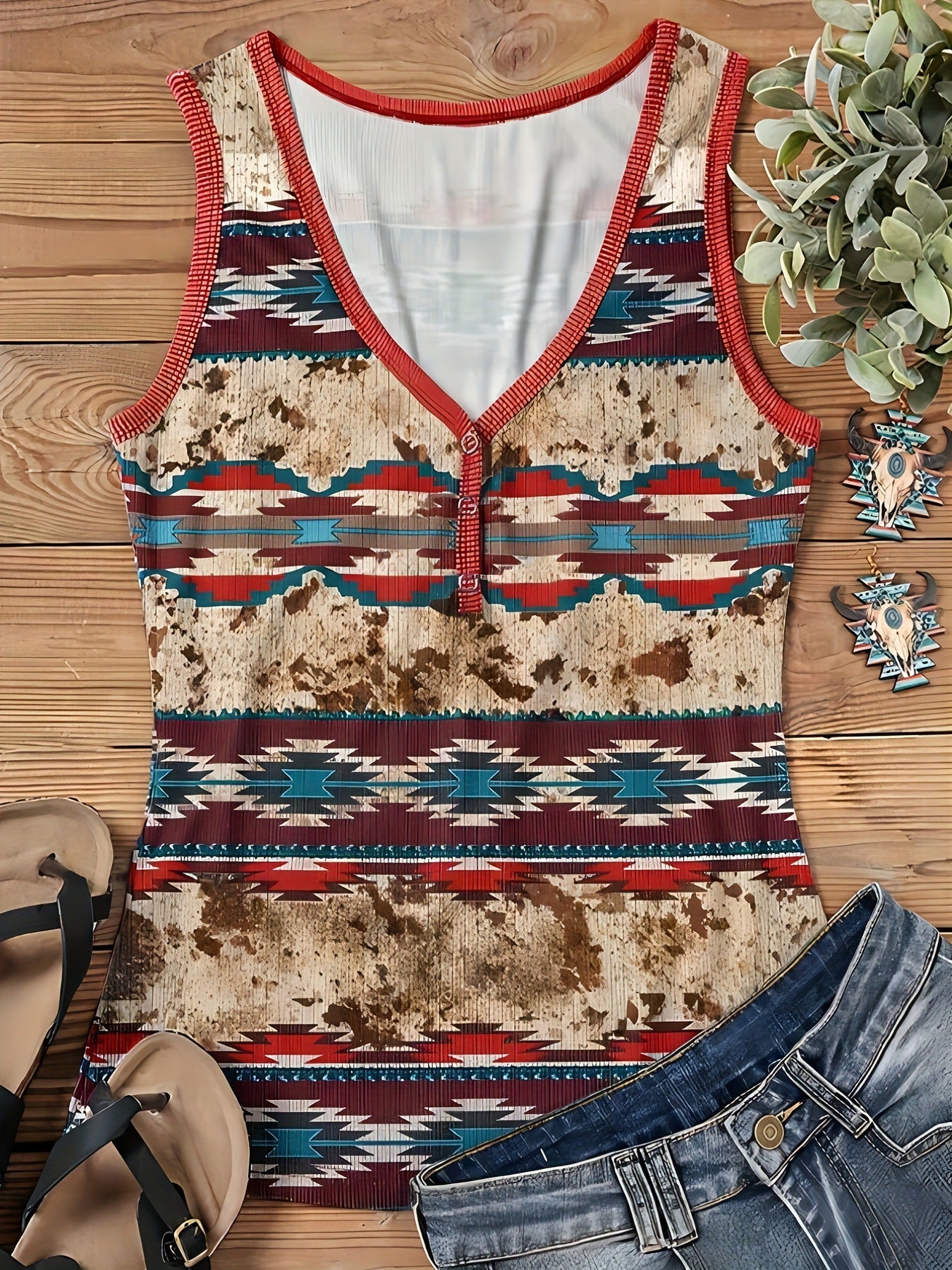 V-neck Low Cut Geometric Print Button Vest