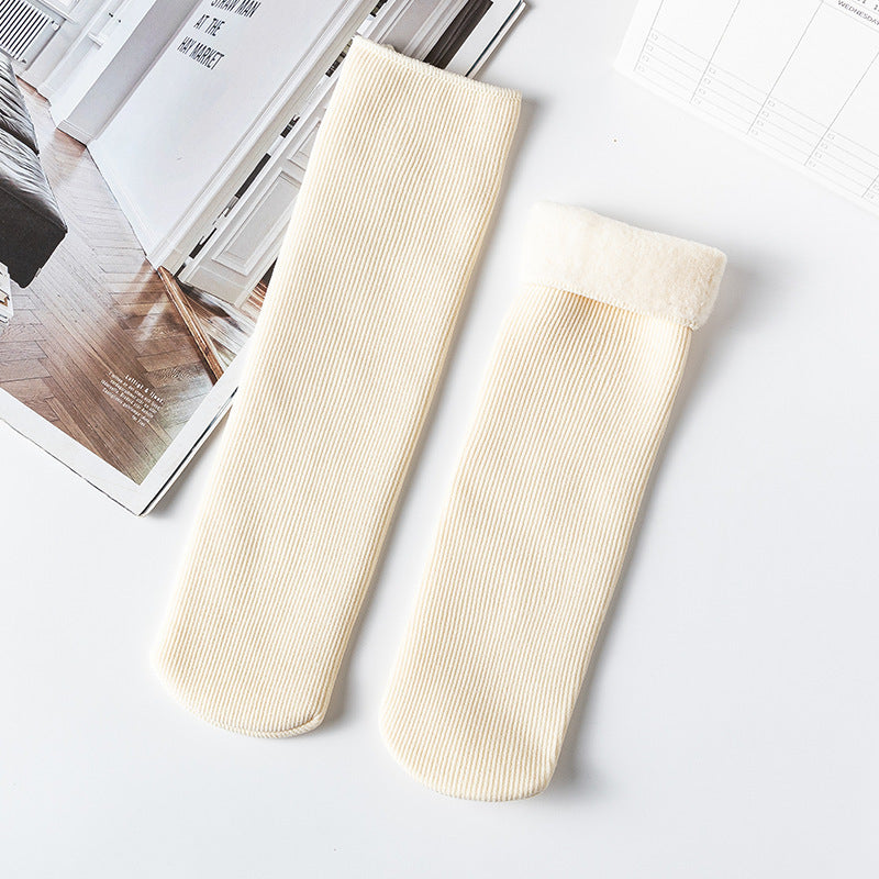 Women's Mid-calf Vertical Stripes Imitation Cashmere Fleece-lined Thickened Non-slip Warm Room Socks