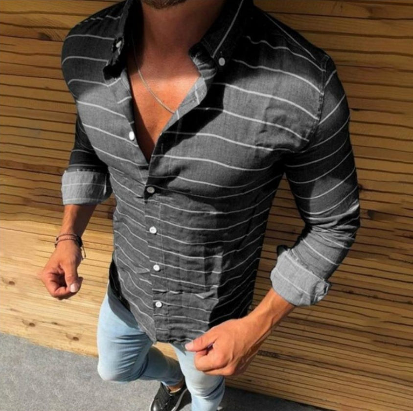 Striped Long Sleeve Button Lapel Men's Shirt