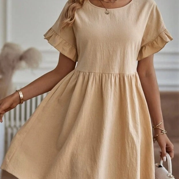 Women's Elegant Round Neck Loose Cotton And Linen Dress