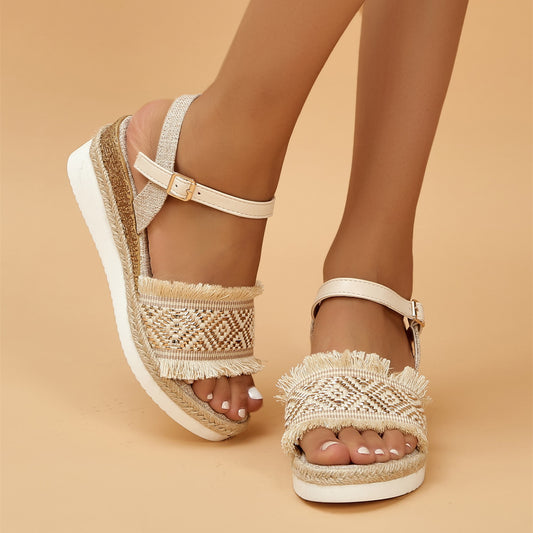 Women's Summer Fashion Slope Root Ethnic Style Solid Color Sandals