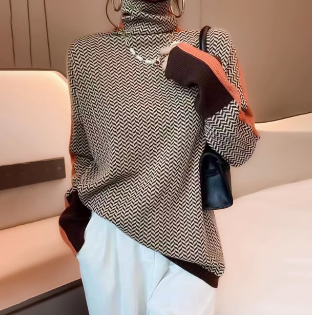 Plaid Jacquard Turtleneck Sweater Languid Base Knit Sweater For Women