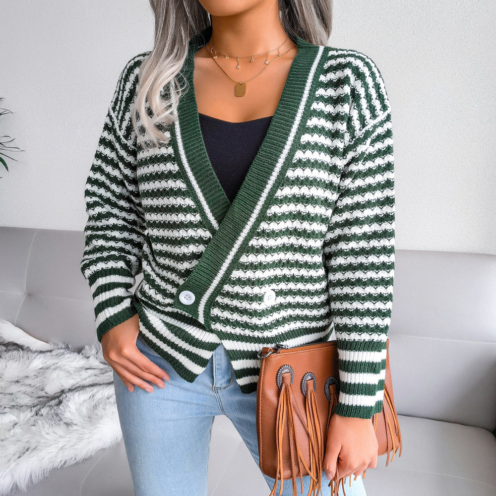 Autumn And Winter V Neck Design Striped Long Sleeved Knitted Sweater