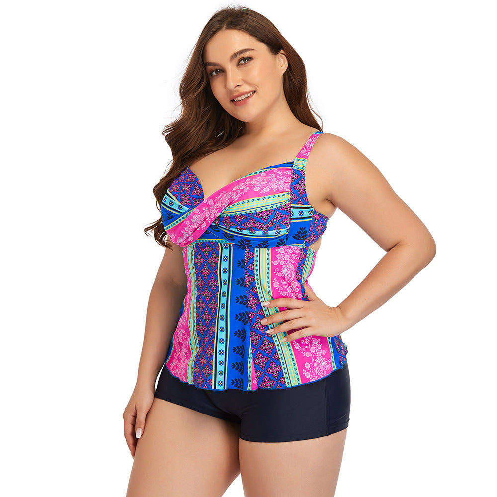 Women's Large Size Printed Conservative Four-corner Split Swimsuit