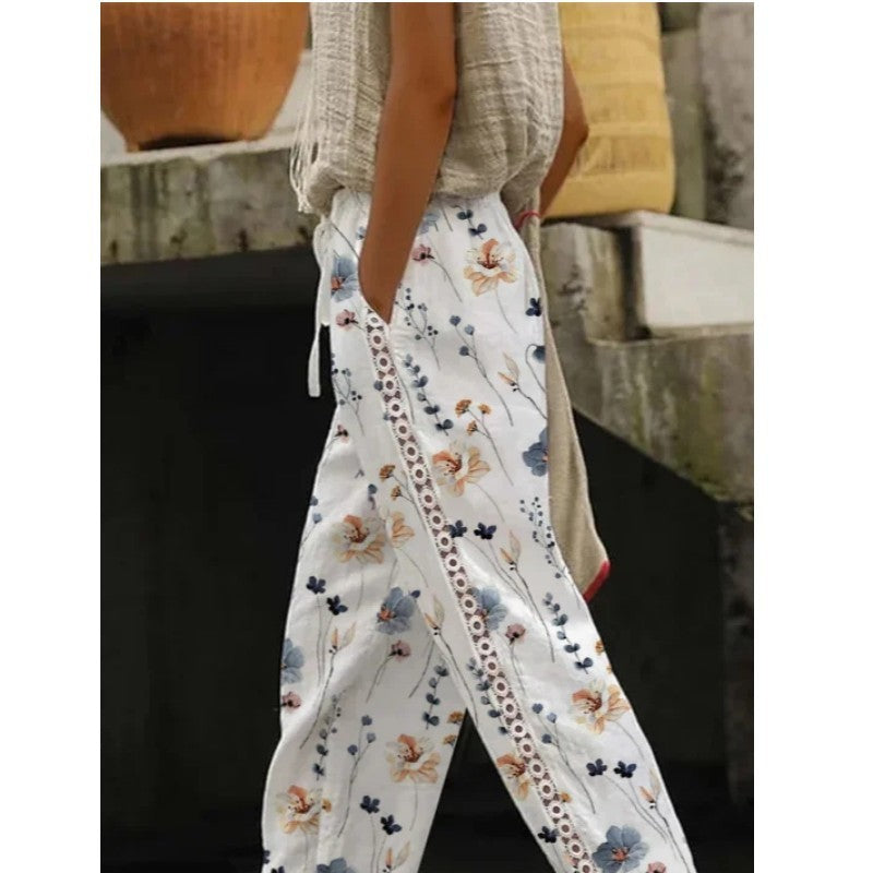 Printed Lace Stitching Straight-leg Pants Sweet Casual Pants