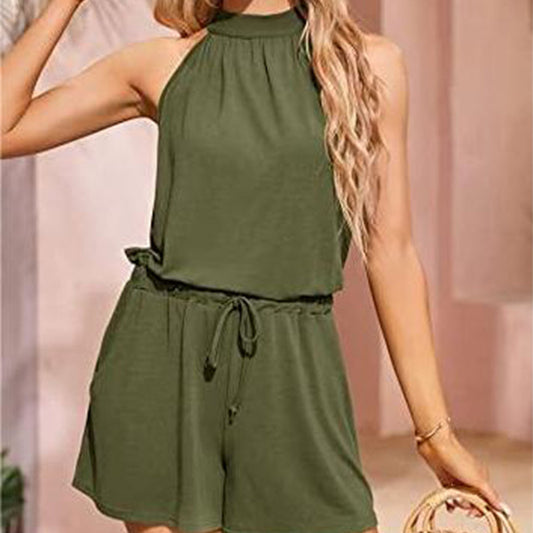 Women's Waist-controlled Lace-up Halter Loose Printed Jumpsuit