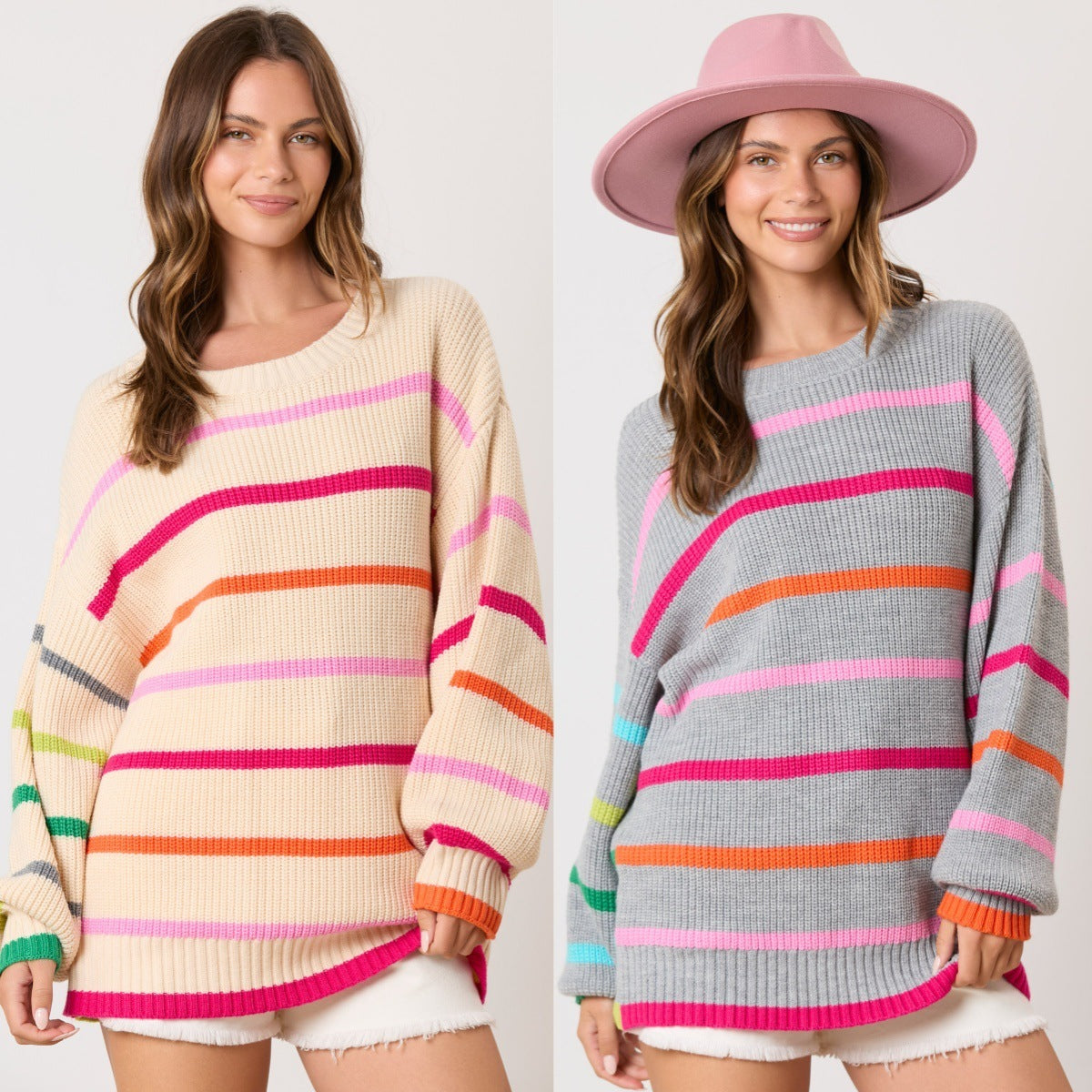 Contrast Color Striped Round Neck Top Long Sleeve Knitted Sweater