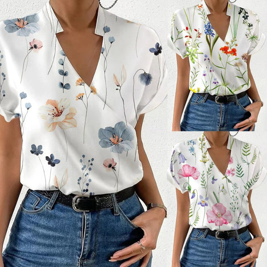 Summer Loose V-neck Stand Collar Printed Shirt