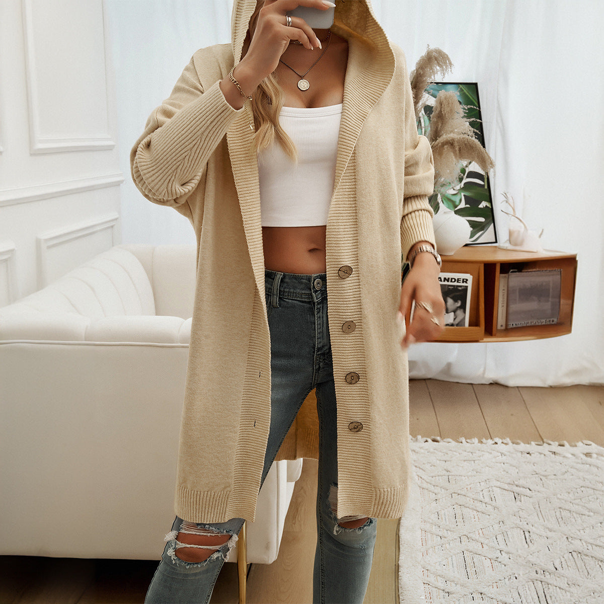 Women's Casual Loose Breasted Hooded Cardigan