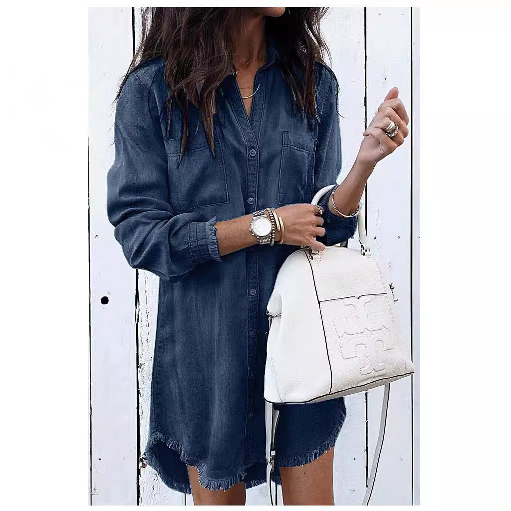 Plus Size Loose Women's Shirt Mid-length Denim Shirt