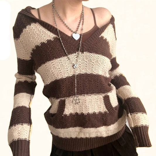 Rapcopter Prepply Kawaii Sweaters Striped Hooded Jumpers Vin