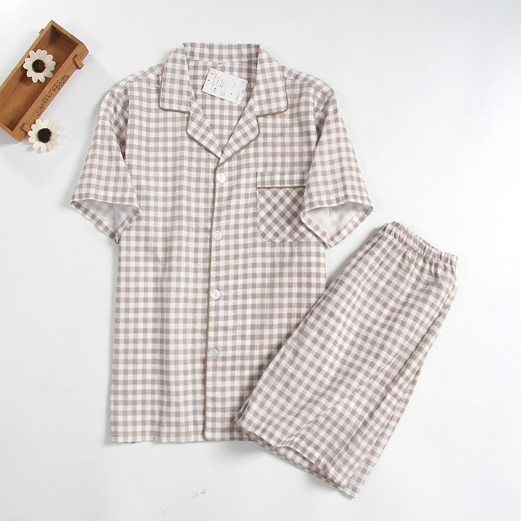 Men's Pajamas Double Gauze Home Short Plaid Set