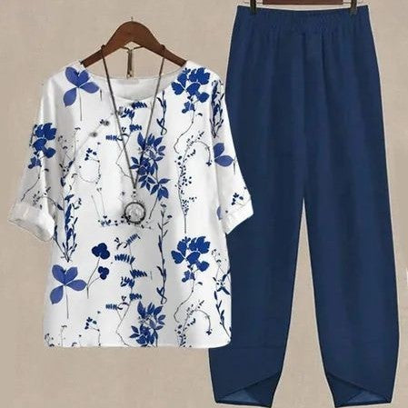 Casual Round Neck Half Sleeve Digital Printing Top Two-piece Set
