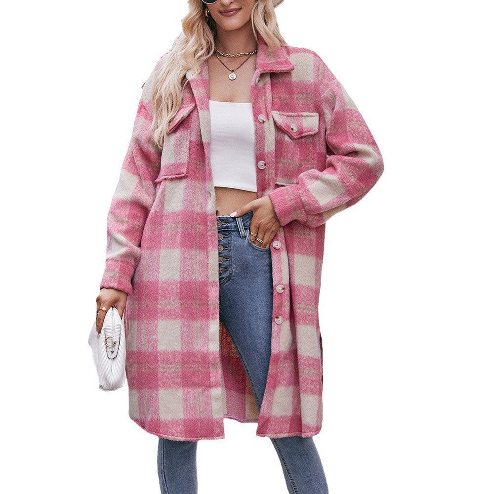 Printed Checks Mid-length Coat Mohair Plaid Wool Coat