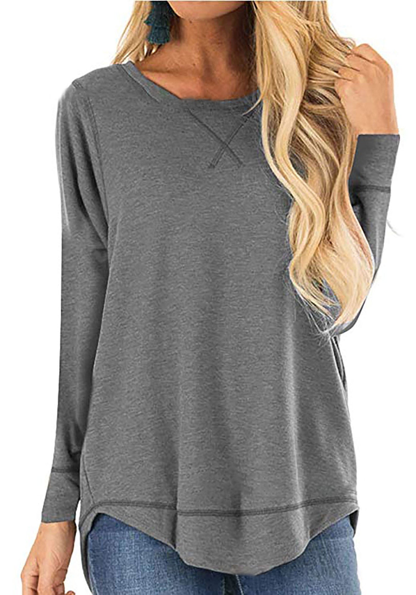 Women's Round Neck Long Sleeve Loose Top Short Front