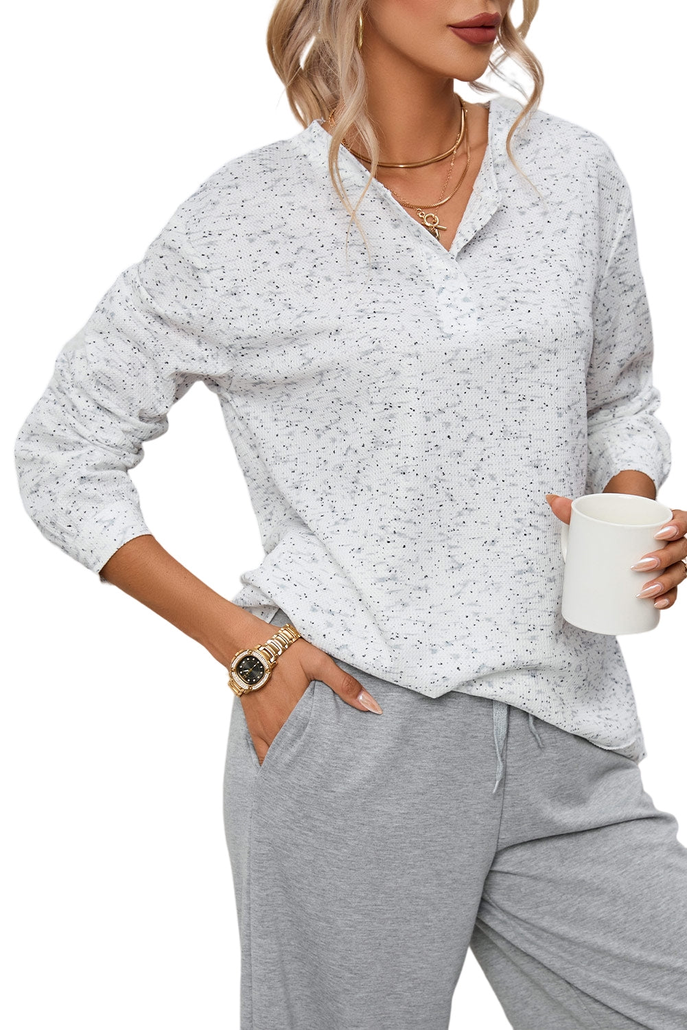 Gray Slouchy Heather Rib Knit Long Sleeve Henley Top