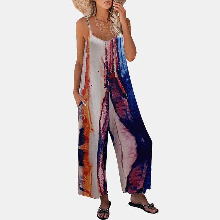 Women's Printed Suspender Pocket Casual Wide Leg Jumpsuit