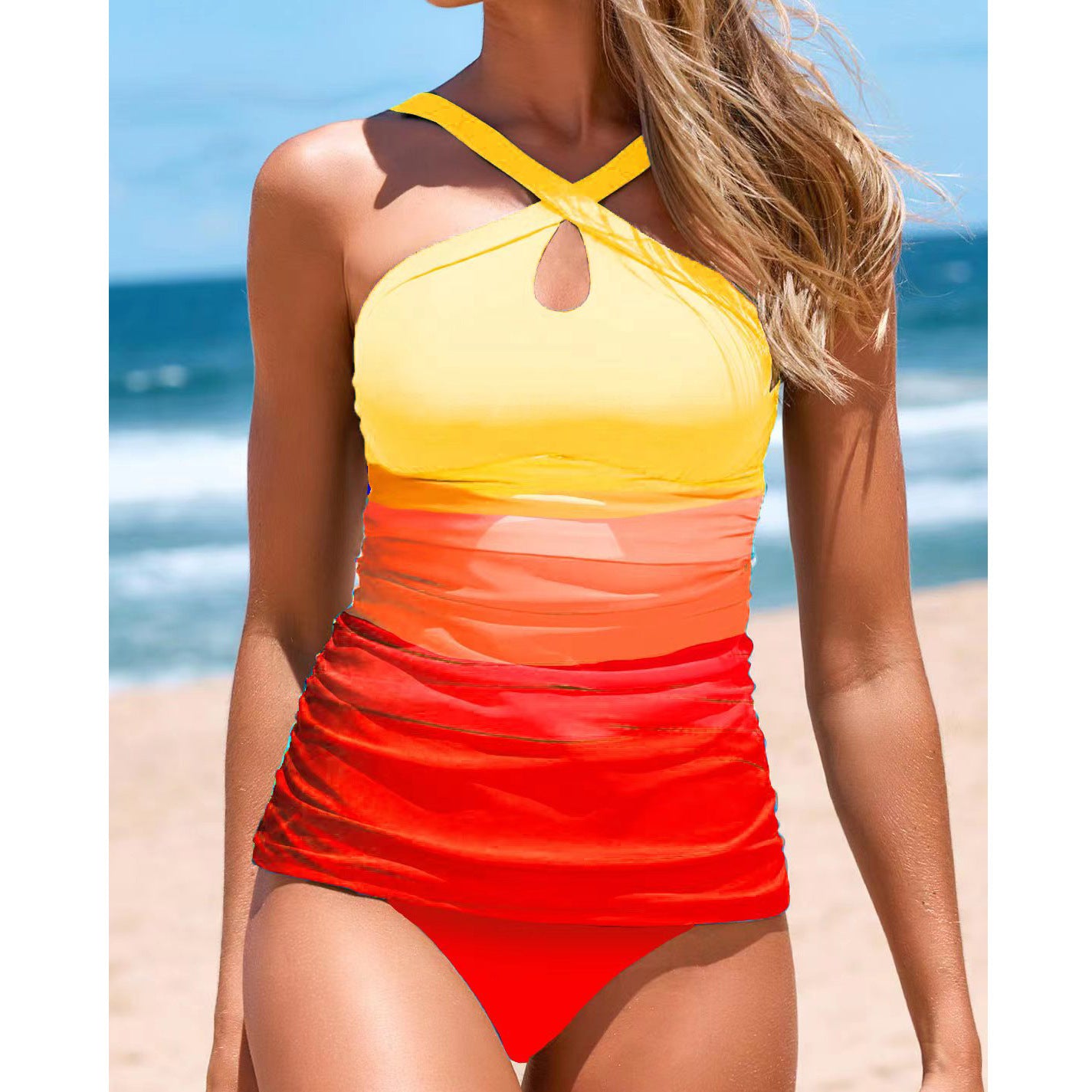 Simple Contrast Color Cross Strap Heap Pleated Slimming Swimsuit