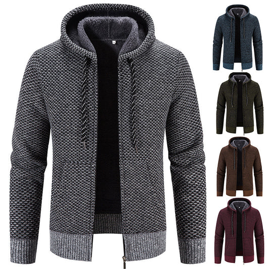 Men's Cardigan Coat Fleece-lined Thick Hooded Solid Color Sweater