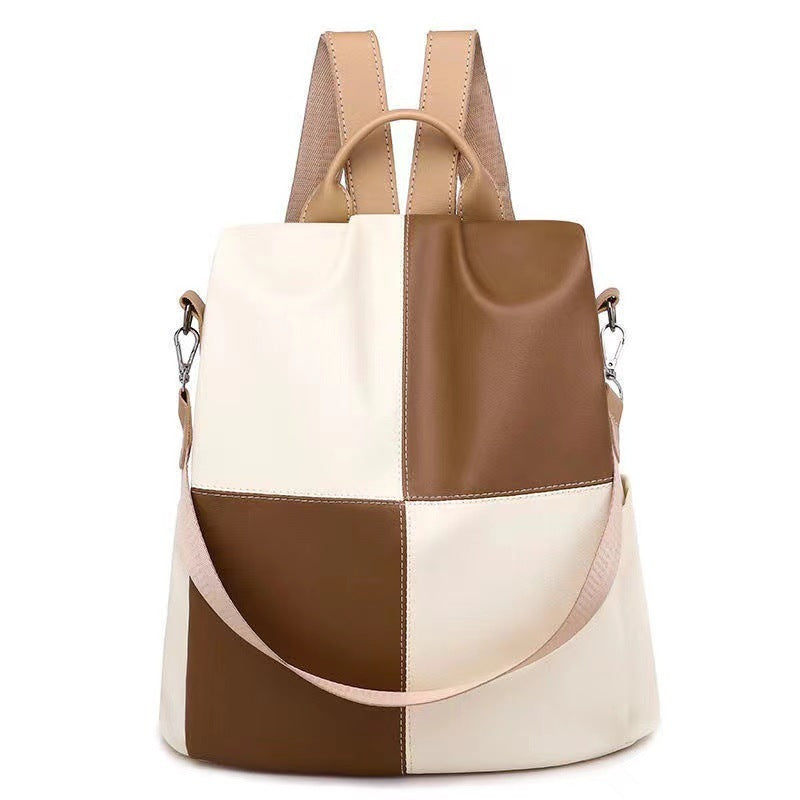 Color Contrast Patchwork Soft Leather Anti-theft Schoolbag Women's Bag