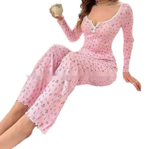 Small Floral Print Lettuce Edge Lace Collar Button Pajamas Suit