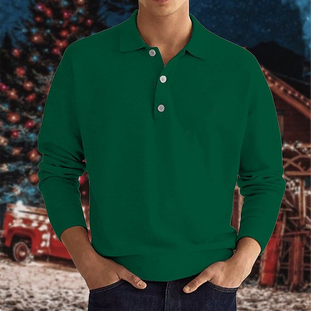 Spring Long Sleeve V-neck Button Men's Casual Top Polo Shirt