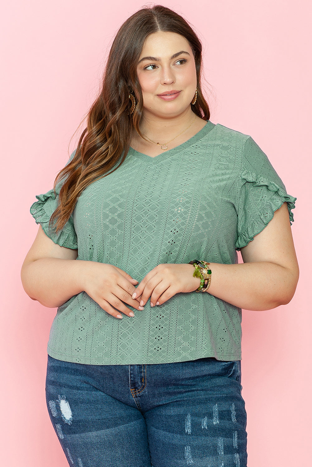 Laurel Green Petal Sleeve Jacquard V Neck Curvy Blouse