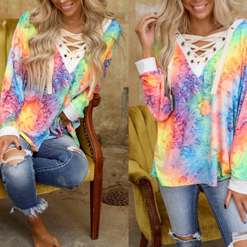 Tie-Dye Printed Long-Sleeved V-Neck Tie Casual T-Shirt Top