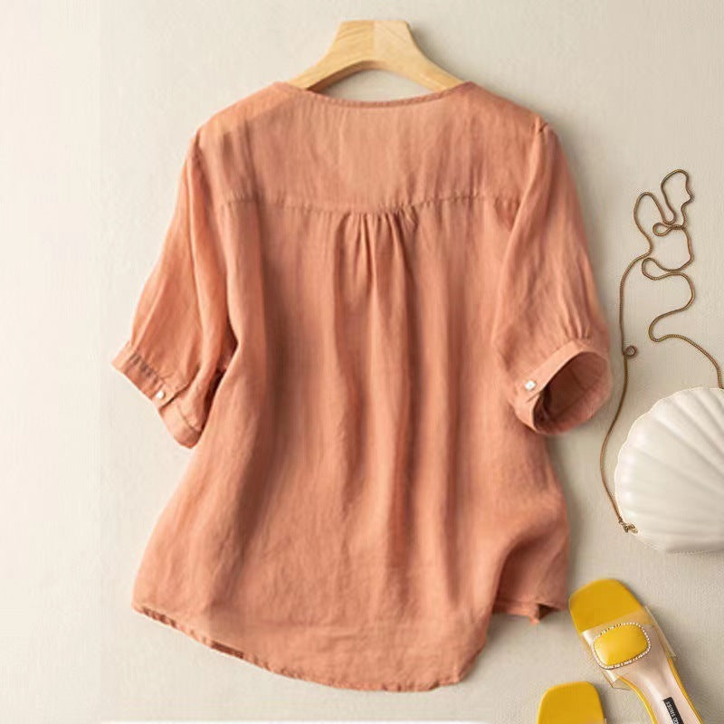 V-neck Embroidery Loose Thin Slim Fit Slim Looking Large Size Women's Wear Shirt