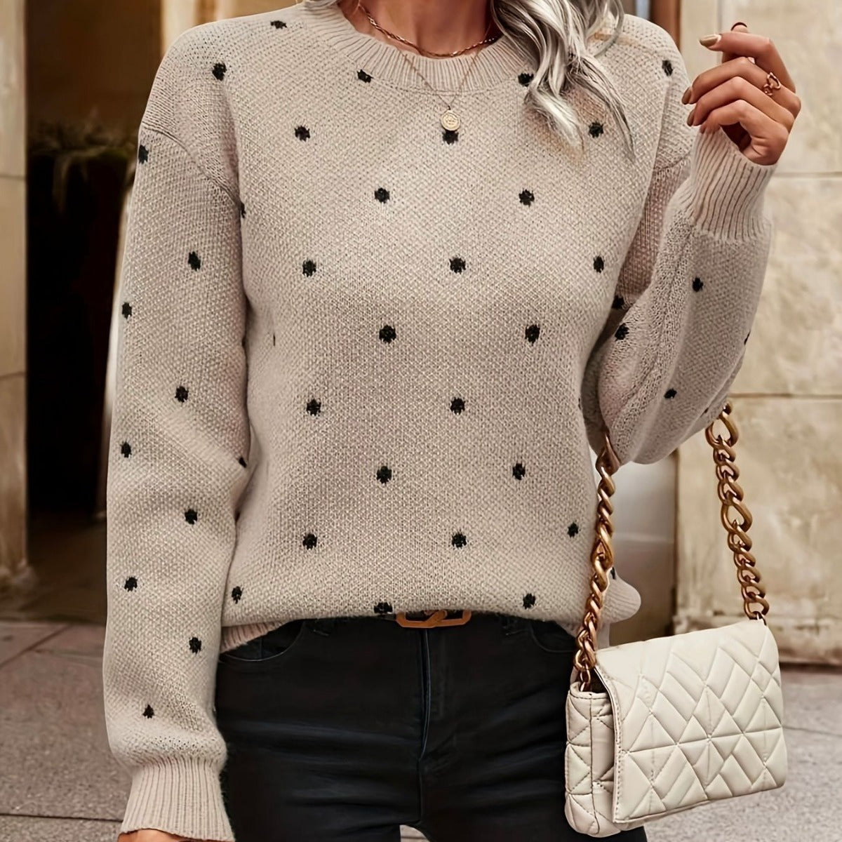 Fashion Polka Dot Round Neck Sweater