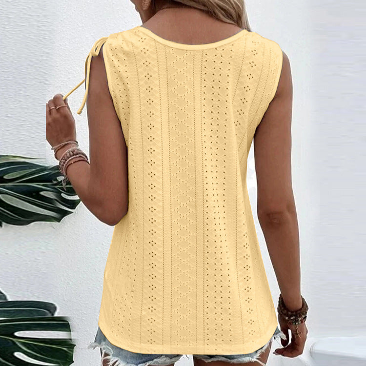 Casual Solid Color U-neck Vest Women Shoulder With Bow Tie Tops Summer T-shirt