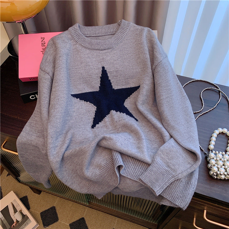 Idle Style Five-pointed Star Crew Neck Pullover Sweater