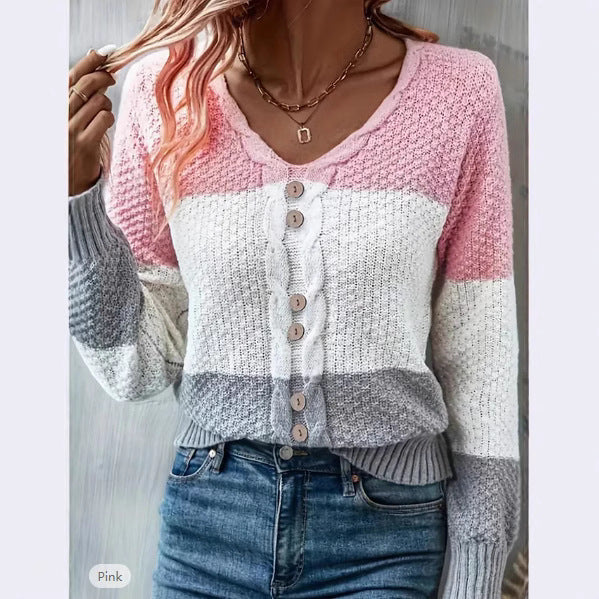 V-neck Long Sleeve Fake Button Colored Pullover Knitwear Top