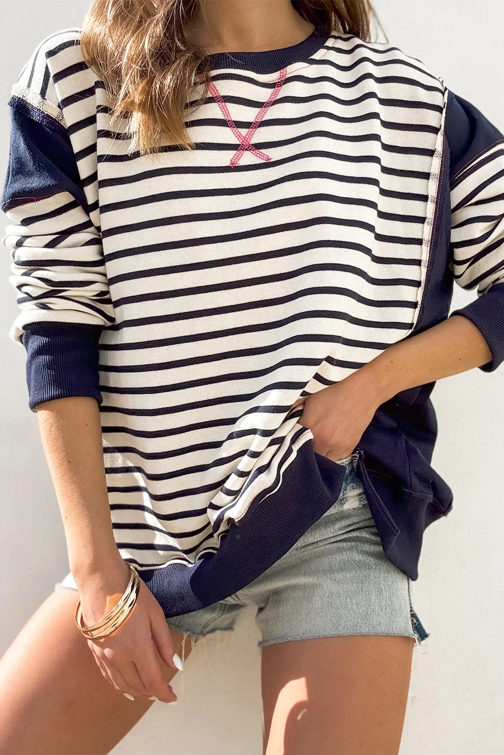 Color Matching Sweatshirt Striped Color Contrast Long Sleeve T-shirt