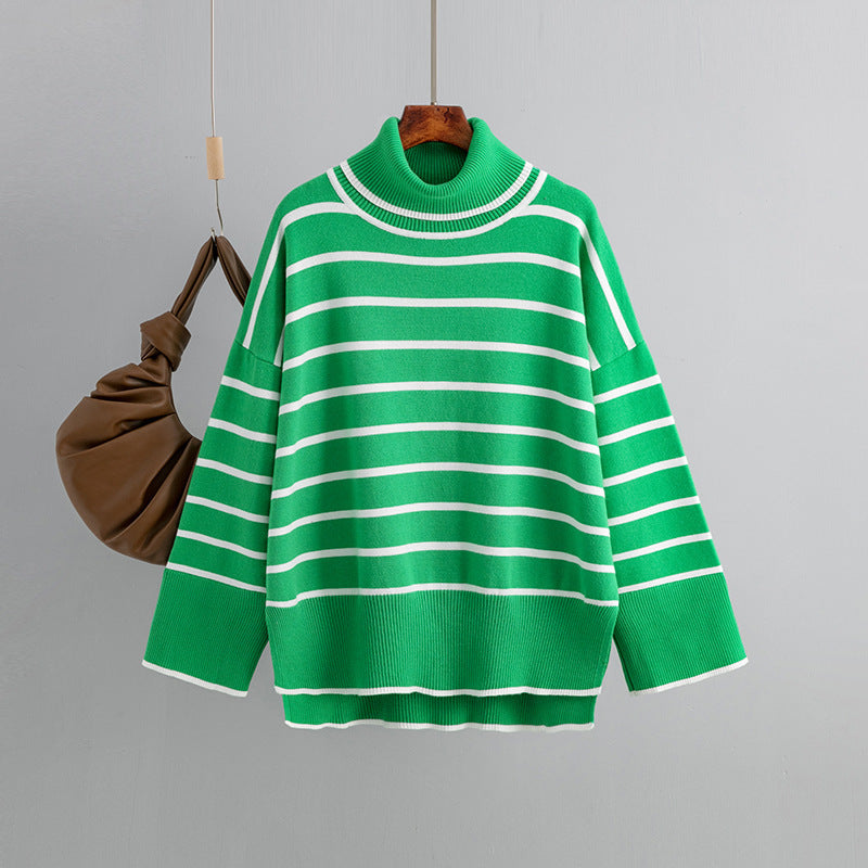 Loose Casual Contrast Color Striped Turtleneck Sweater