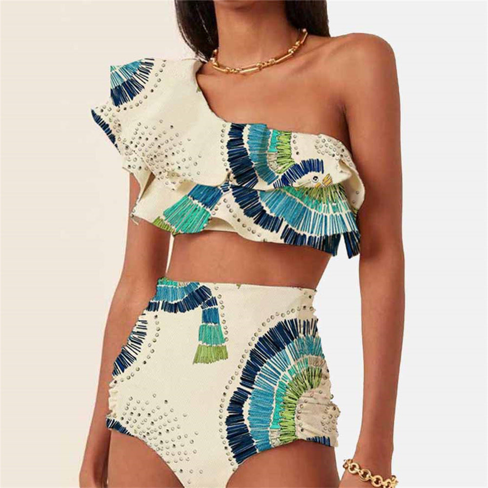 Women's Double-layer Large Lotus Leaf One-shoulder Split Swimsuit